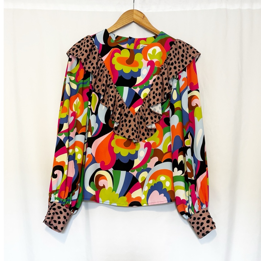Crosby by Mollie Burch Retro Print Blouse‎ with Contrast Animal Print Ruffle